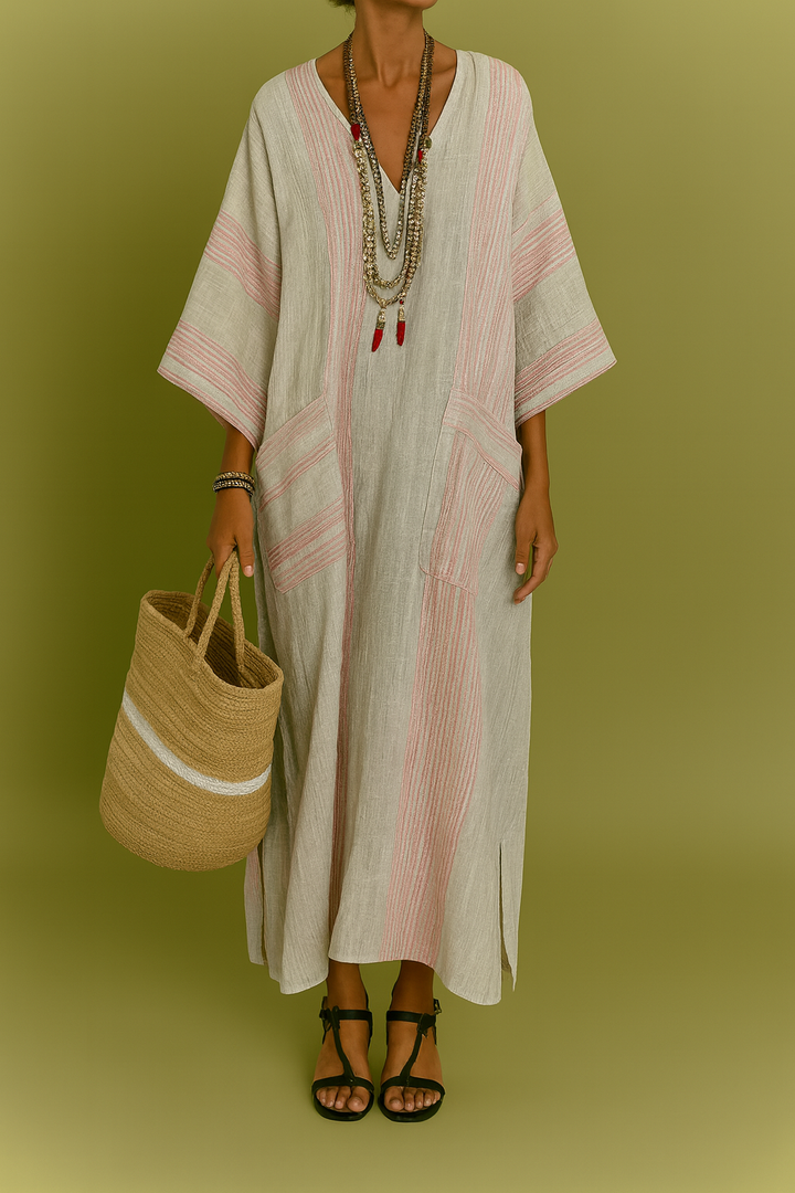 Conjunto de Lino Gris con Rayas Rosas