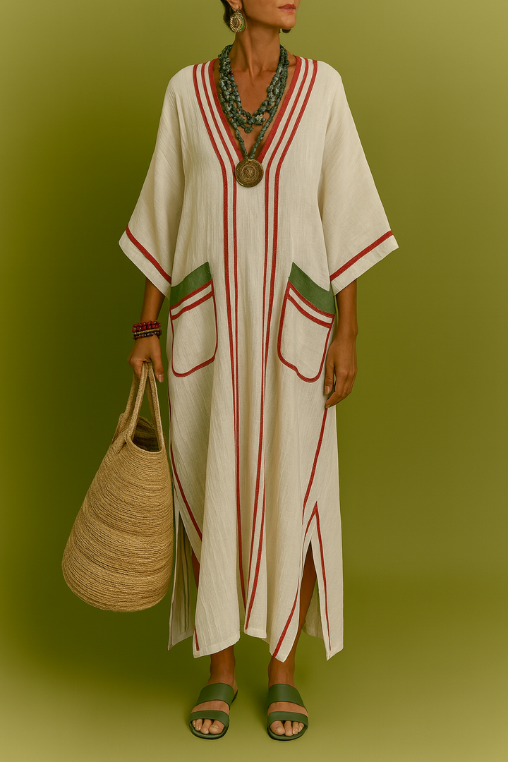 Conjunto de Lino Bolsillos Verdes y Rayas Rojas