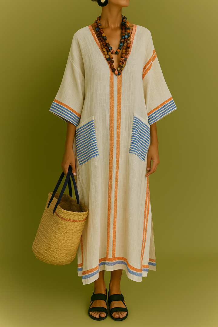 Conjunto de Lino con Bolsillos de Rayas Azules