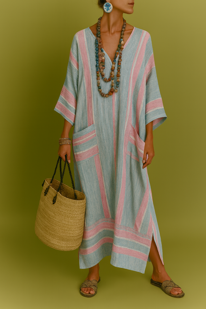 Conjunto de Lino Azul con Rayas Rosas