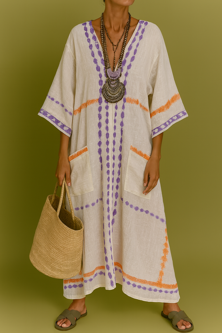 Conjunto de Lino Estampado Lila y Naranja