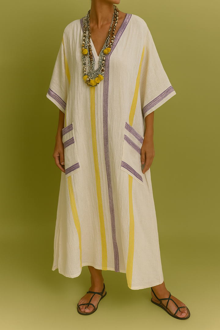 Conjunto de Lino Rayas Lilas y Amarillas