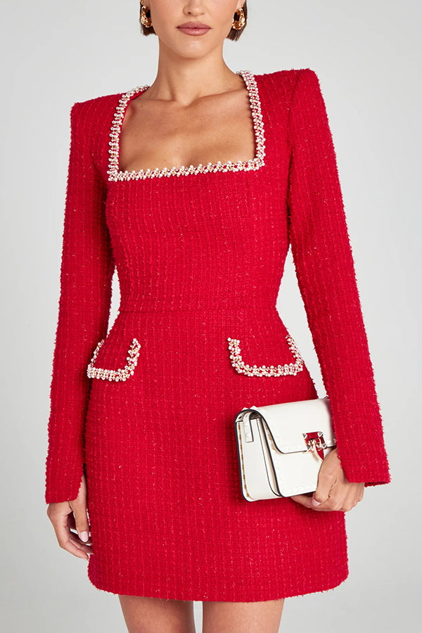Glamorous Tweed Fabric Pearl Trim Long Sleeve Mini Dress
